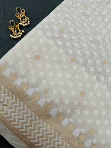 Banarasi Cotton Patola Saree | Off-White | Gold Zari | Handwoven | Ships from California